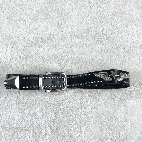 ✦SOLD ✦ Genuine Leather Belt Black Studded Wings Stars - Picture 7 of 9